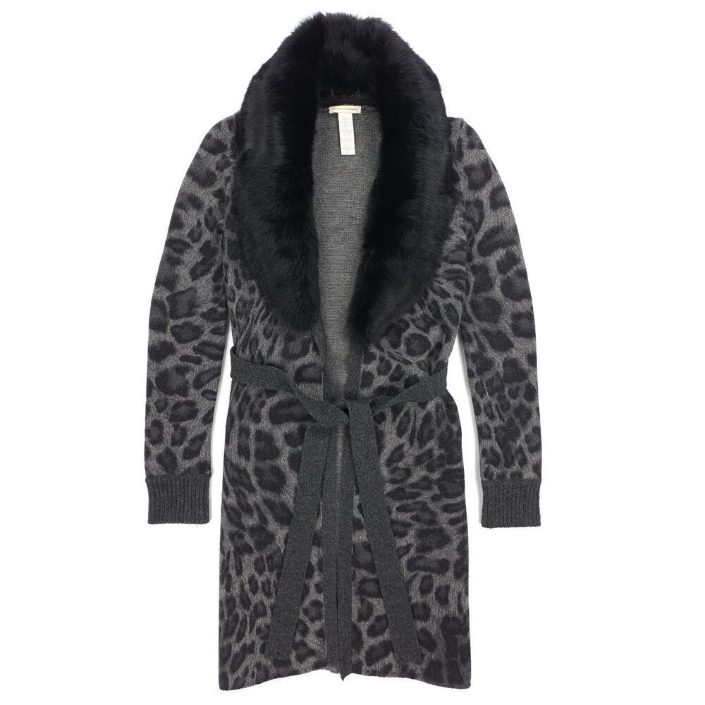 WHITE + WARREN Cashmere Lambswool Wrap Cardigan Rabbit Fur Collar Y2k Cheetah